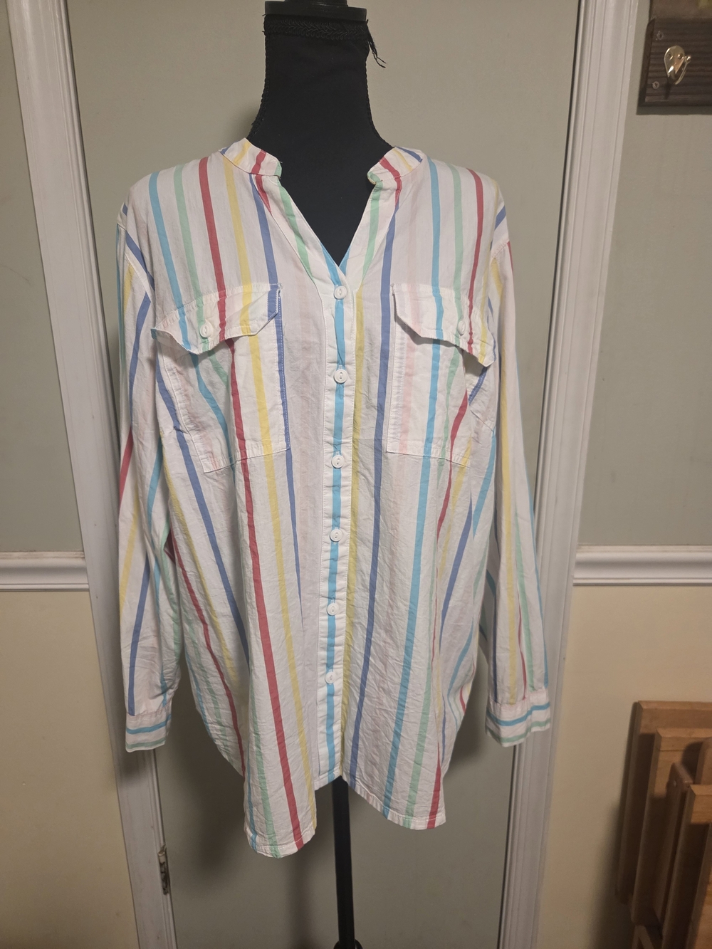 St. John's Bay White Button-Down Shirt with Multicolor Stripes